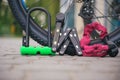 Bicycle locks near the bike. Cycling park Royalty Free Stock Photo