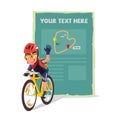 Bicycle man with present board. Map introduction. Character design - illustration