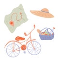 Bicycle map hat summer sun picnic basket set flat design Royalty Free Stock Photo