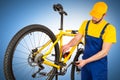Bicycle mechanic adjusting front derailleur Royalty Free Stock Photo
