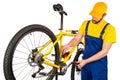 Bicycle mechanic adjusting front derailleur Royalty Free Stock Photo