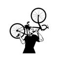 Bicycle Mechanic Carrying Bike on Shoulder and Holding Spanner Wrench Retro Black and White