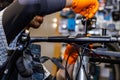 Bicycle mechanic repairing handlebars in workshop Royalty Free Stock Photo