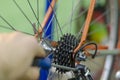 Bicycle mechanic in a workshop in the repair process, holds a tool in his hand Royalty Free Stock Photo