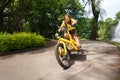 Bicycle messenger with cargo bike speeding Royalty Free Stock Photo