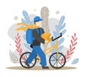 Bicycle messenger and courier guy character with box. Delivery of goods, courier service. Isolated flat design vector illustration