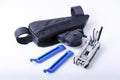 Bicycle multi-tool kit. Inner tube, multi-function tool and tyre lever