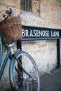 Bicycle Next To Brasenose Lane Sign Outside Oxford University Co