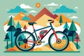 A bicycle is parked in front of a majestic mountain landscape, Mountain biking Customizable Disproportionate Illustration