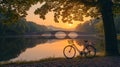 A bicycle parked near a bridge over a tranquil river at sunrise Royalty Free Stock Photo