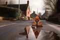 bicycle parked next to a road sign warning of potholes Royalty Free Stock Photo