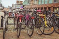 Juvaskyla, Finland - may 2019: Bicycle Parking in the Finnish city of Jyvaskyla. many bicycles of different colors