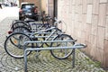 Bicycle parking for German people and foreigner travelers stop and lock and walking travel visit at St. Reinoldi church on Royalty Free Stock Photo