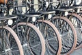 Bicycle parking lot in the city street of Amsterdam, Netherlands. Iconic transport in Amsterdam Royalty Free Stock Photo