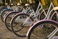 Bicycle parking near the public park, Bicycles stand in a row on a parking for rent