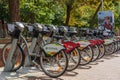 The bicycle parking for rent in the summer in Moscow. Russia.