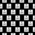 Bicycle parking sign seamless pattern isolated on black background Royalty Free Stock Photo