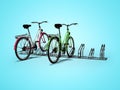 Bicycle parking with two bicycles parked 3d render on blue background with shadow Royalty Free Stock Photo