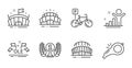 Bicycle parking, Winner and Sports stadium icons set. Ole chant, Arena and Arena stadium signs. Vector