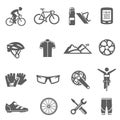 Bicycle, parts, marathon bold black silhouette icons set isolated on white. Cyclist, uniform. Royalty Free Stock Photo