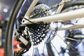 Bicycle parts and rear wheel brake disc cassette closeup Royalty Free Stock Photo