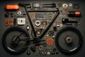 Bicycle parts and tools on green background. Top view. Flat lay Royalty Free Stock Photo