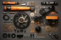 Bicycle parts and tools on green background. Top view. Flat lay Royalty Free Stock Photo