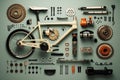 Bicycle parts and tools on green background. Top view. Flat lay Royalty Free Stock Photo