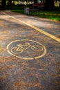 Bicycle path in the autumn park with yellow paint applied on the asphalt. The concept of proper behavior on the roads, traffic Royalty Free Stock Photo