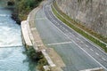 Bicycle path drawn on the asphalt road. Lanes for cyclists. Traffic signs and safety. Cycleway