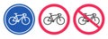 Bicycle path road sign icon vector graphic illustration set, round circle bike area lane caution warning symbol, cyclist parking Royalty Free Stock Photo