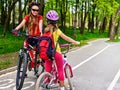 Bicycle path sign with children. Girls wearing helmet with rucksack . Royalty Free Stock Photo