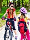Bicycle path sign with children. Girls wearing helmet with rucksack . Royalty Free Stock Photo