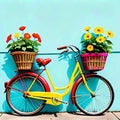 Bicycle pedal flower basket parked blue wall