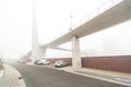 Bicycle pedestrian bridge with fog