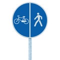 Bicycle and pedestrian lane road sign on pole post, large blue round isolated bike cycling and walking walkway footpath route Royalty Free Stock Photo