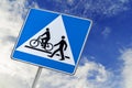 Bicycle and pedestrian road sign on blue sky, bike cycling and walking Royalty Free Stock Photo