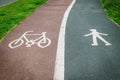Bicycle and pedestrian sign painted on the road asphalt Royalty Free Stock Photo