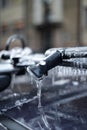 Bicycle rack on a car covered in ice after frozen rain Royalty Free Stock Photo