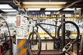 Bicycle on rack in workshop