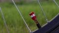 Bicycle red nipple. Detail of a used bicycle rim with valve stem and cover. Mountain bike tire. Bicycle wheel valve. Royalty Free Stock Photo