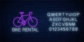 Bicycle rent glowing neon sign with alphabet. Bike rental symbol in neon style. Vector illustration