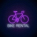 Bicycle rent glowing neon signon dark brick wall background. Bike rental symbol in neon style