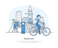 Bicycle rent, people using automated sharing system for rent vehicles and paid