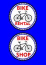 Bicycle rental, bicycle shop, two circle colored label or signboard. Black bike silhouette and headline in red design