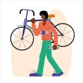 Bicycle repair. A black man carries a bicycle for repair. Web graphics, banners, advertisements, business templates. Royalty Free Stock Photo