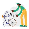 Bicycle repair. The Black mechanic repairs the bicycle. Web graphics, banners, advertisements, business templates.