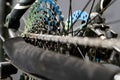 Bicycle repair. The cassette and the chain close-up. Professional modern mountain bike, preparation for competitions. Studio Royalty Free Stock Photo