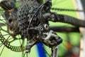 Bicycle repair. Dirty rear derailleur and bike cassette. Close-up Royalty Free Stock Photo