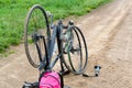 Bicycle repair in the field, puncture of the bike camera on the way Royalty Free Stock Photo